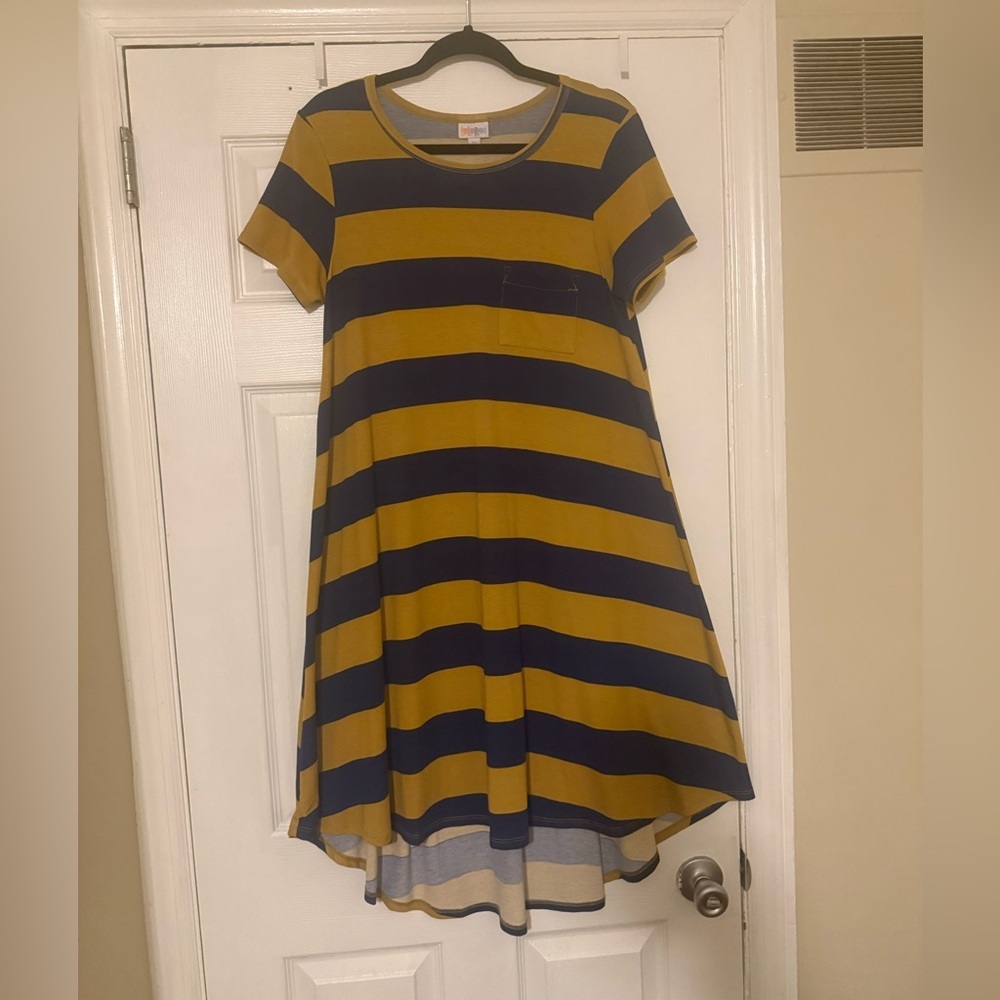 LuLaRoe XS Mustard & Navy Striped High-Low Swing Dress | - Picture 2 of 9